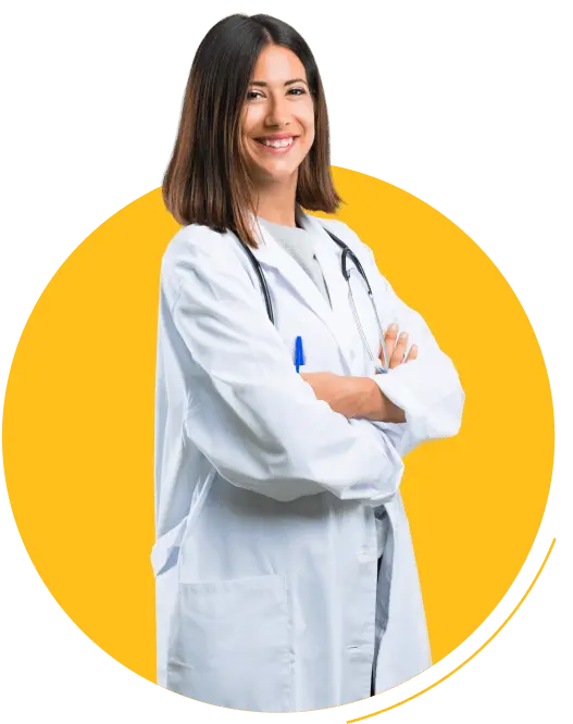 Smiling woman in a white medical coat standing with arms crossed against a yellow circular background.